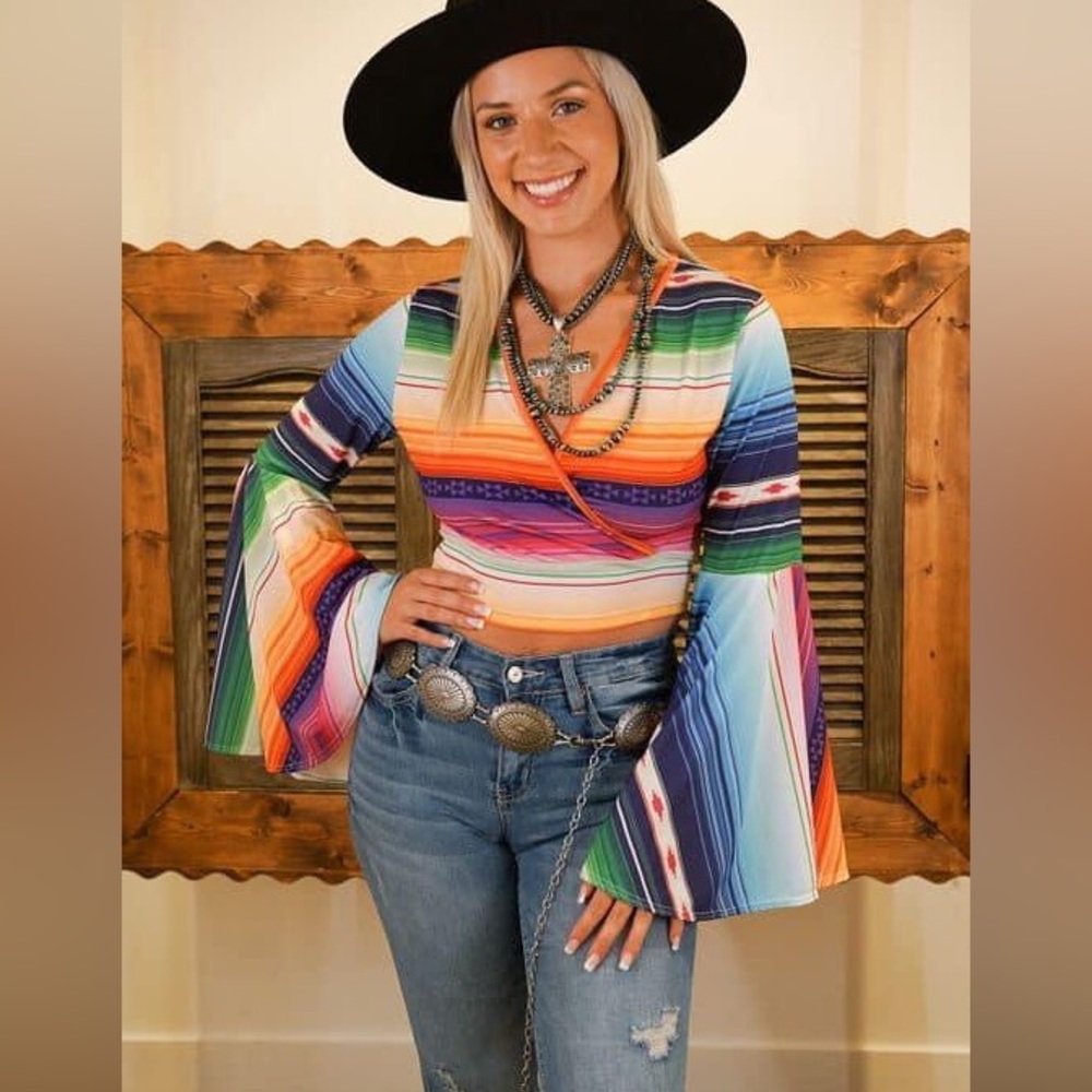 Lucky & Blessed (L&B) Serape Print Crop Top with Bell Sleeve